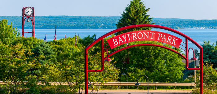 Bayfront Park sign and Little Traverse Bay