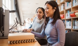 Two patrons sitting at a computer