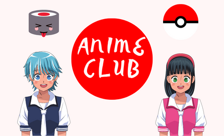 Image with girl and boy drawn in anime style with the text Anime Club