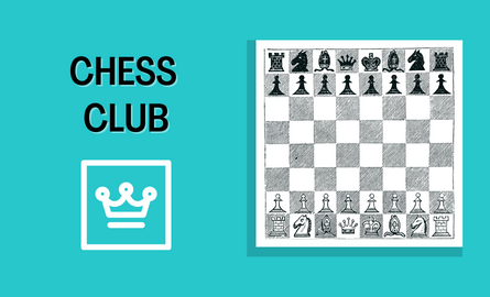Teal background with a drawn chessboard and the text Chess Club.